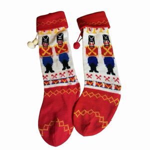 Set of 2 Vintage Toy Soldier Christmas Stocking Knit Pom Poms 18"